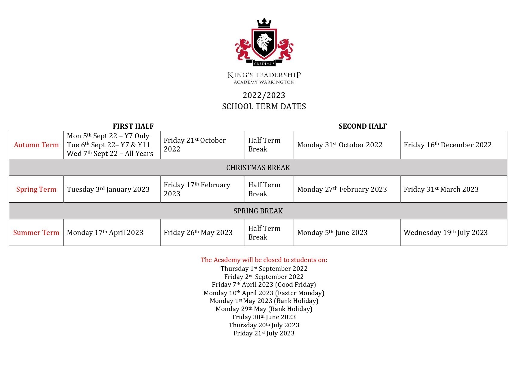 Term Dates King's Leadership Academy Warrington